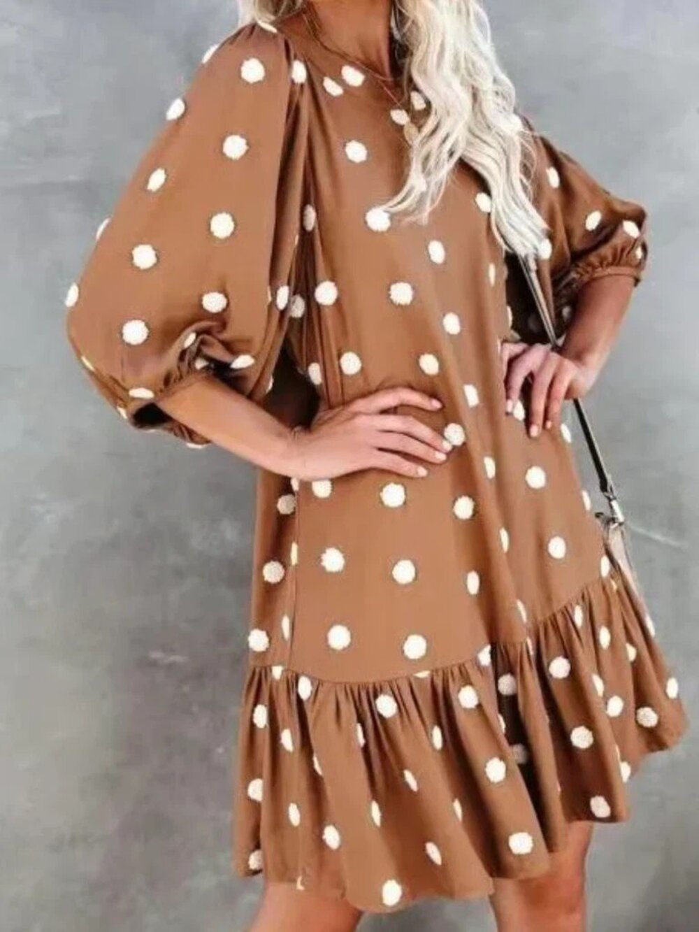Blu Pepper Mocha Baby Doll Dress With Poms /Polka Dots Brown Combo Sz L NWT